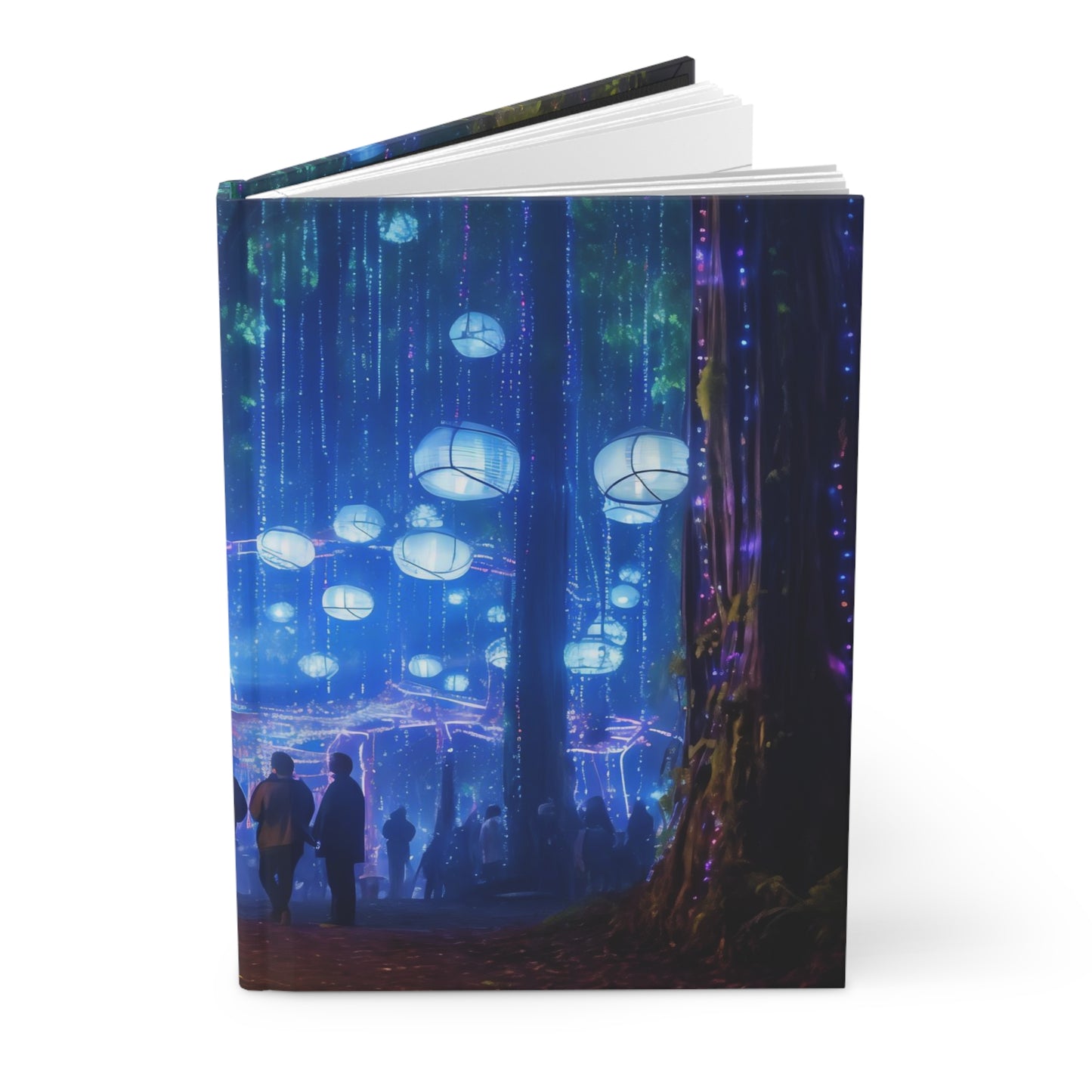 A cyberpunk vision of the Oregon Country Fair, where neon lights illuminate the path, holographic performers entertain the crowd, and the merry blend of tradition and technology creates an enthralling spectacle - Hardcover Journal Matte