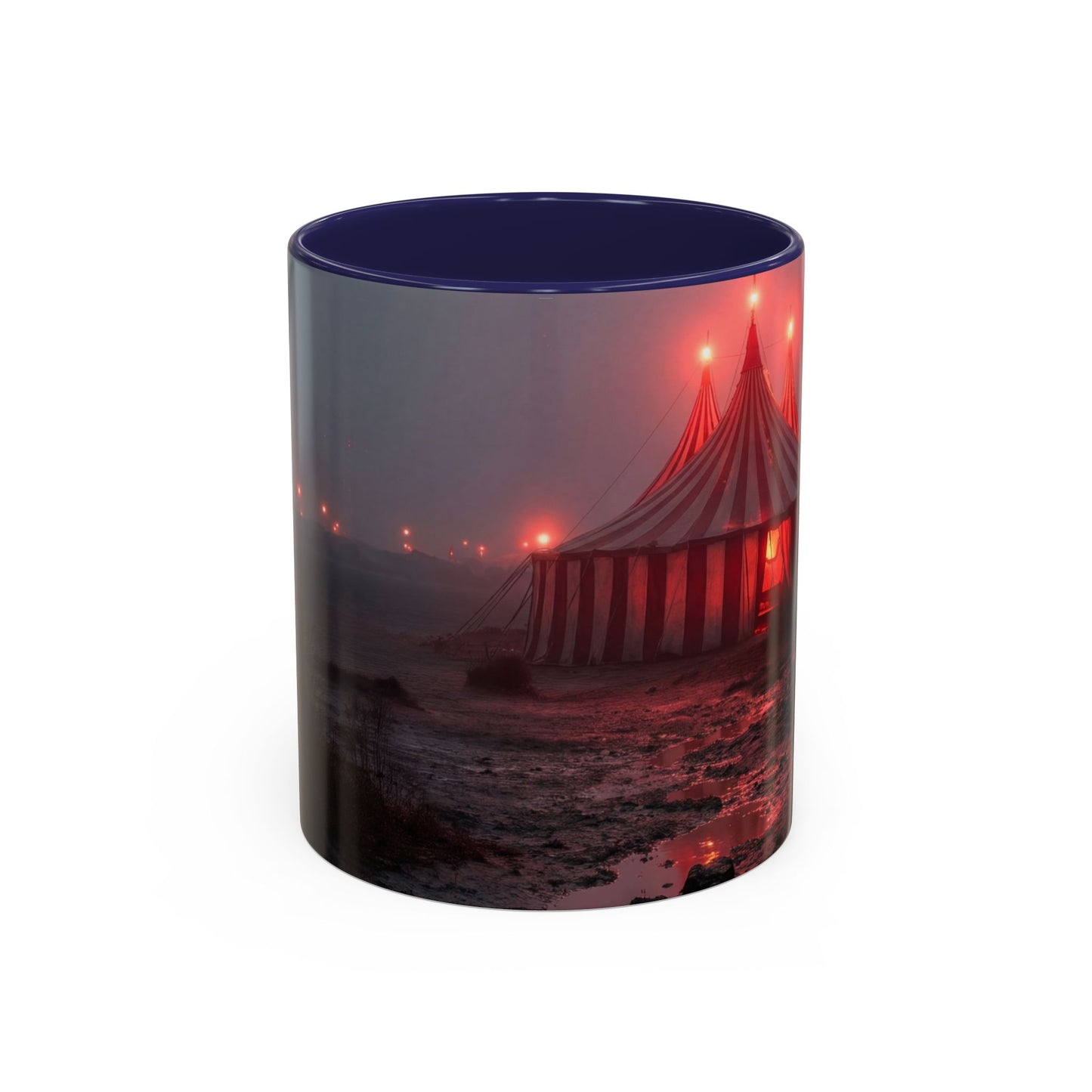 Crimson Circus Tent Accent Coffee Mug (11, 15oz) – Fog-Drenched Midnight Wonder