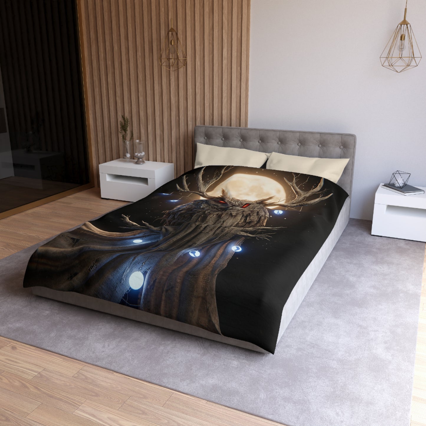 Moonlit Owl Sentinel Microfiber Duvet Cover – Crimson-Eyed Watcher of the Night