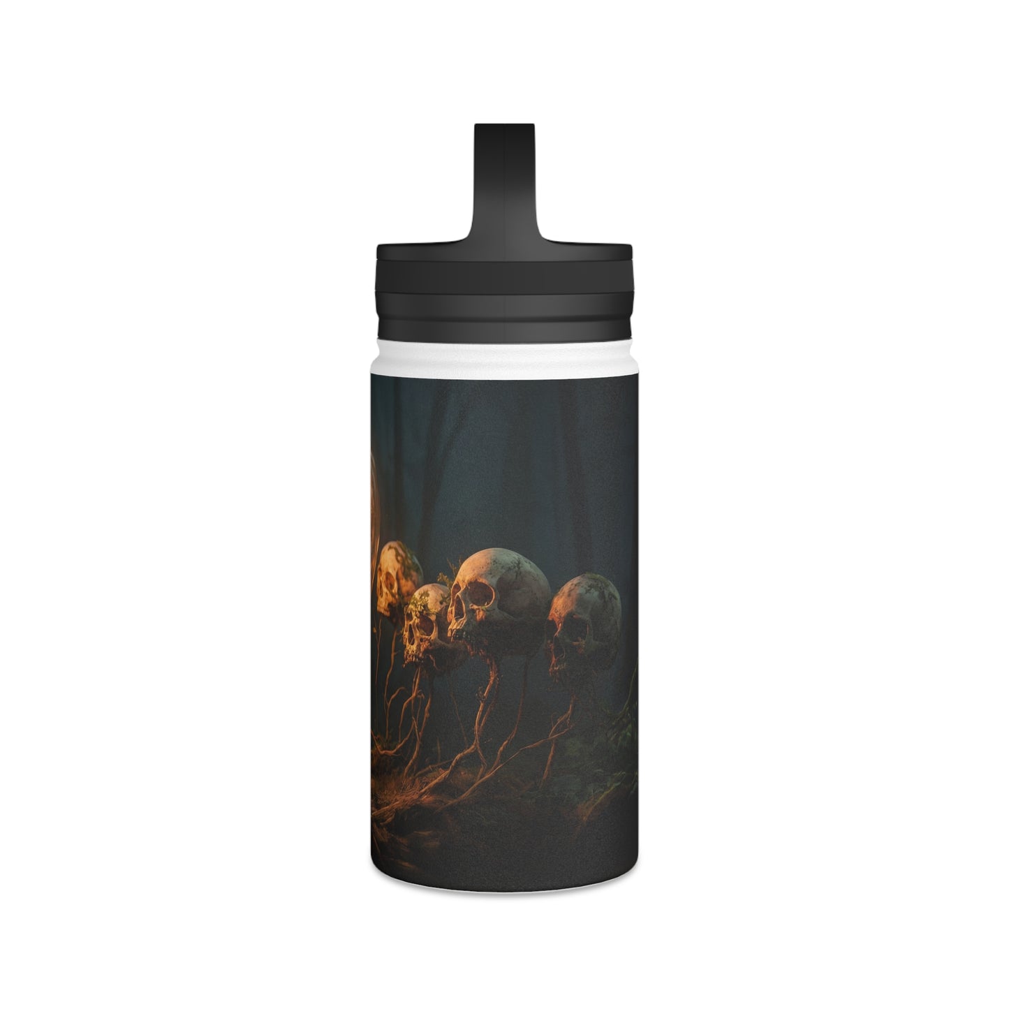 Glowing Lightbulb in Haunted Forest Stainless Steel Water Bottle, Handle Lid – Illuminated Wisdom Amidst the Roots