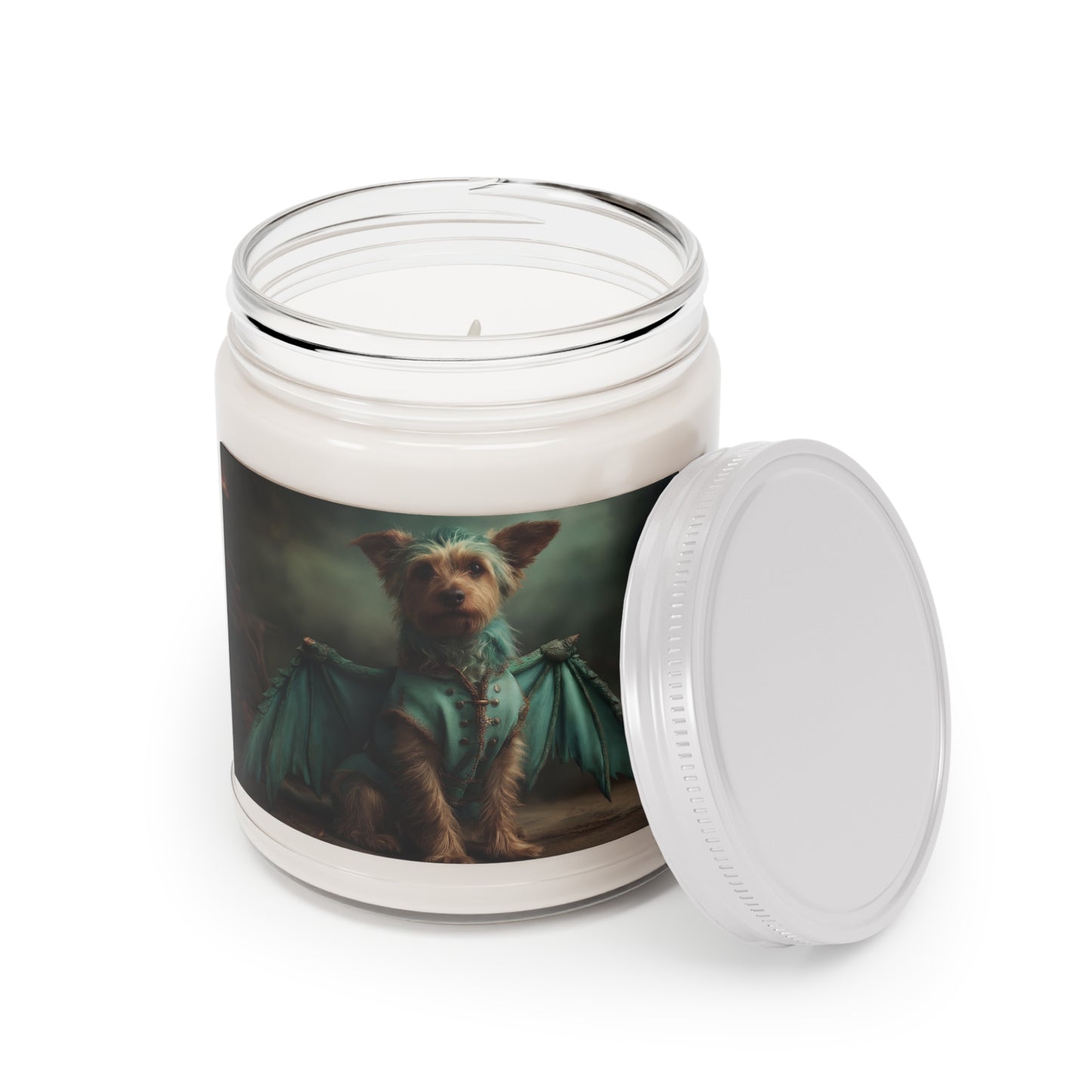 Dragon Knight Yorkshire Terrier Scented Soy Candles with White Lid, 9oz – Emerald Armor in a Foggy Grotto