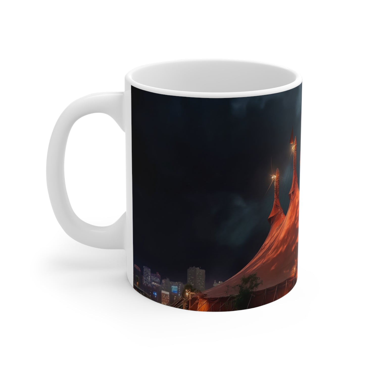 Crimson Circus Tent Mugs – Neon Nightscape Under Stormy Skies
