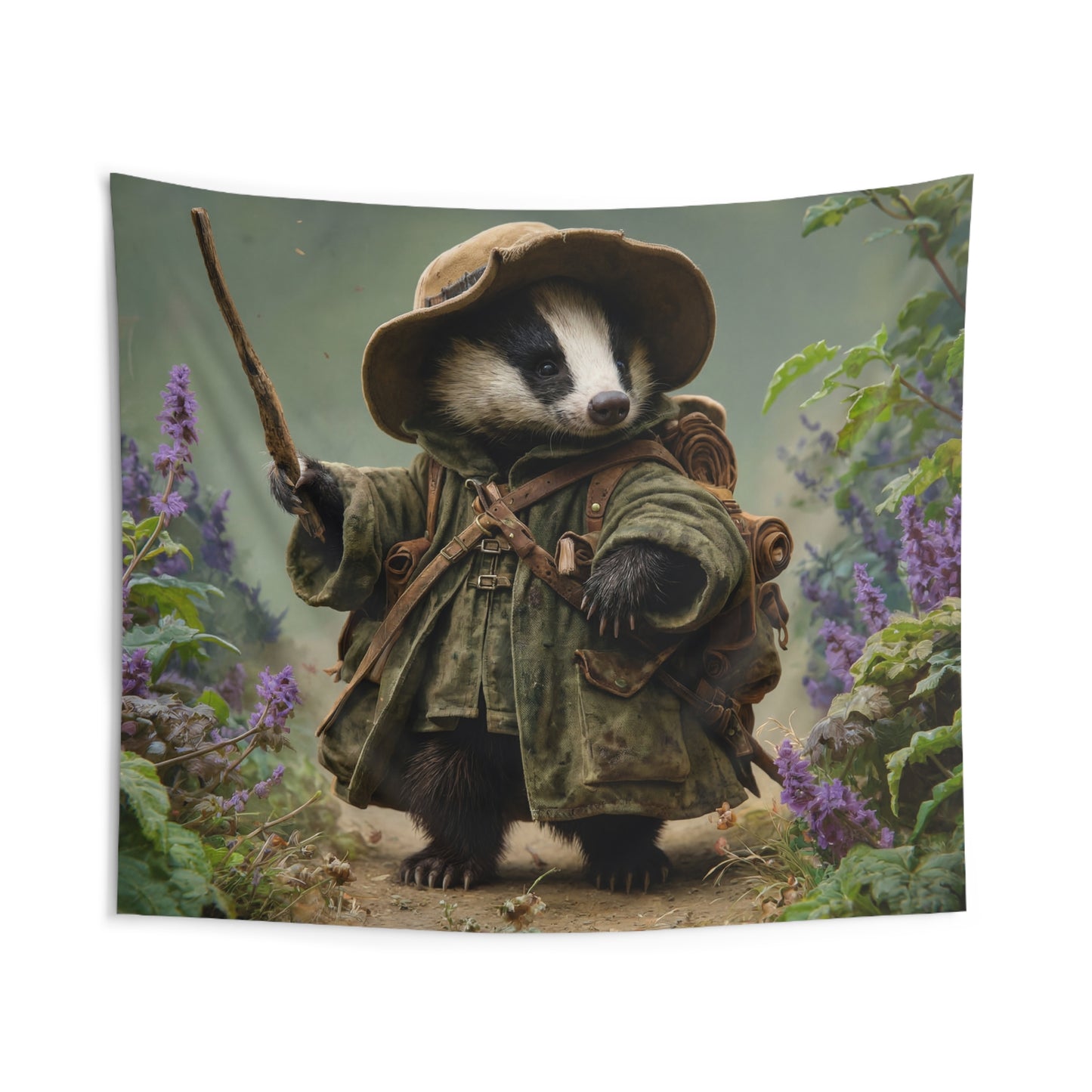 Badger Explorer Wall Tapestry – Mossy Path Through Purple Wildflowers