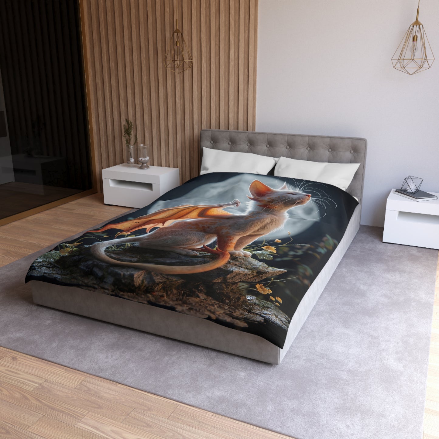 Lunar Dragon Cat Microfiber Duvet Cover – Moonlit Sentinel Dreamscape