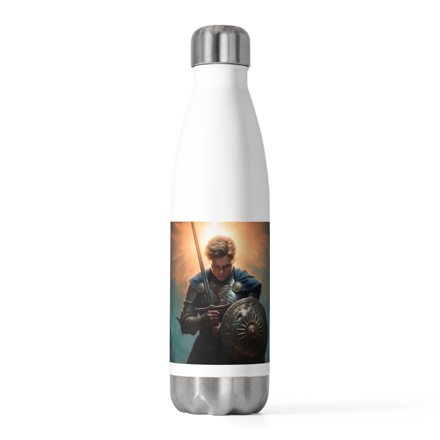 Dawn-Bringer Knight 20oz Insulated Bottle – Sunlit Resolve on a Misty Battlefield