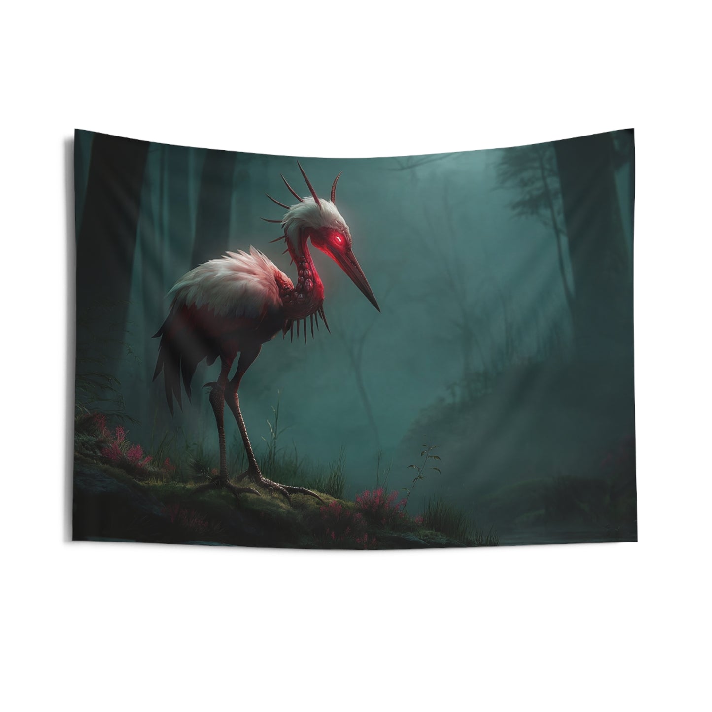 Crimson Sentinel Wall Tapestry – Forest Guardian in Misty Twilight