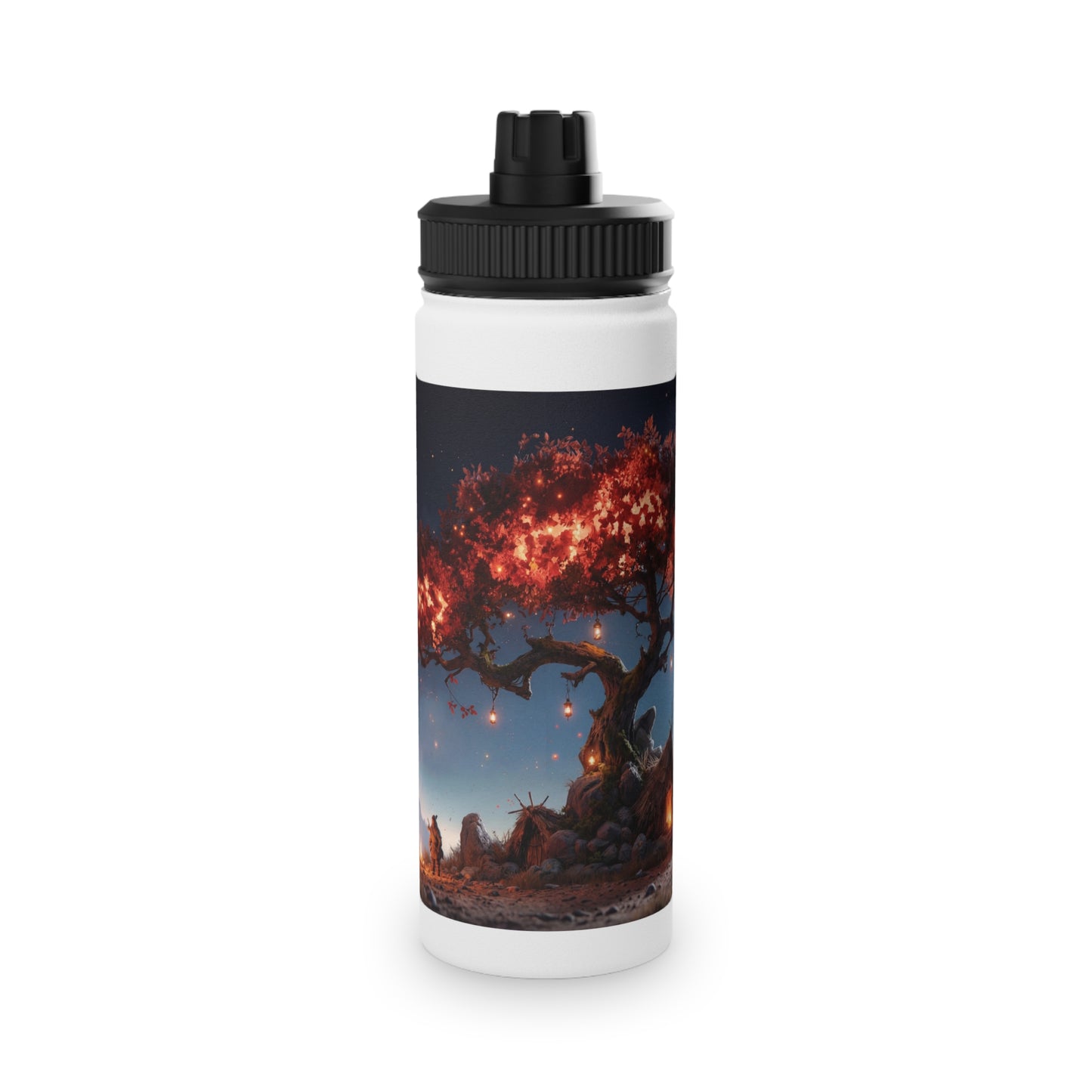 Whispering Ember Tree Stainless Steel Water Bottle, Sports Lid – Moonlit Campfire Sanctuary