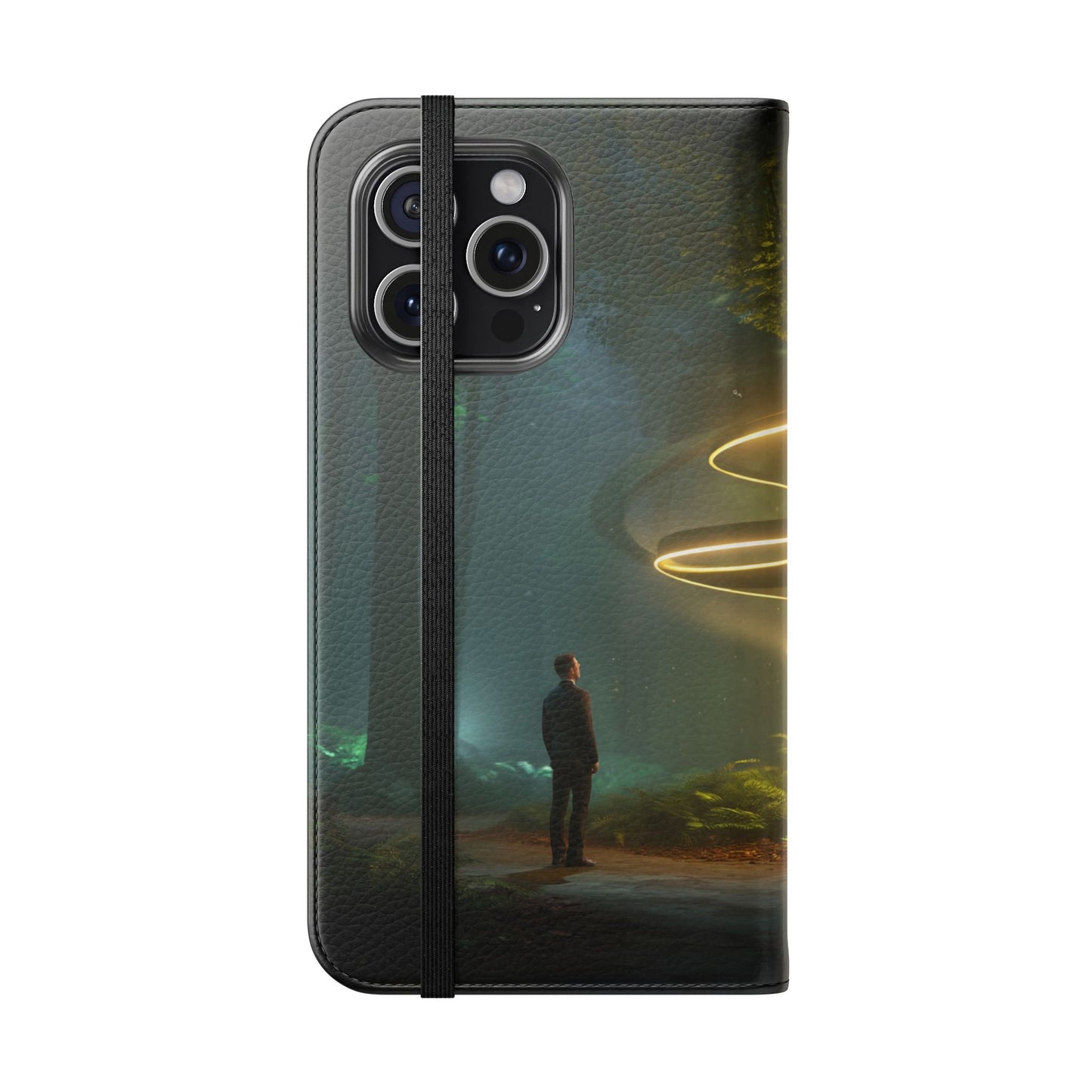 Luminous Spiral Forest Flip Cases – Golden Light Rings Mystery Scene