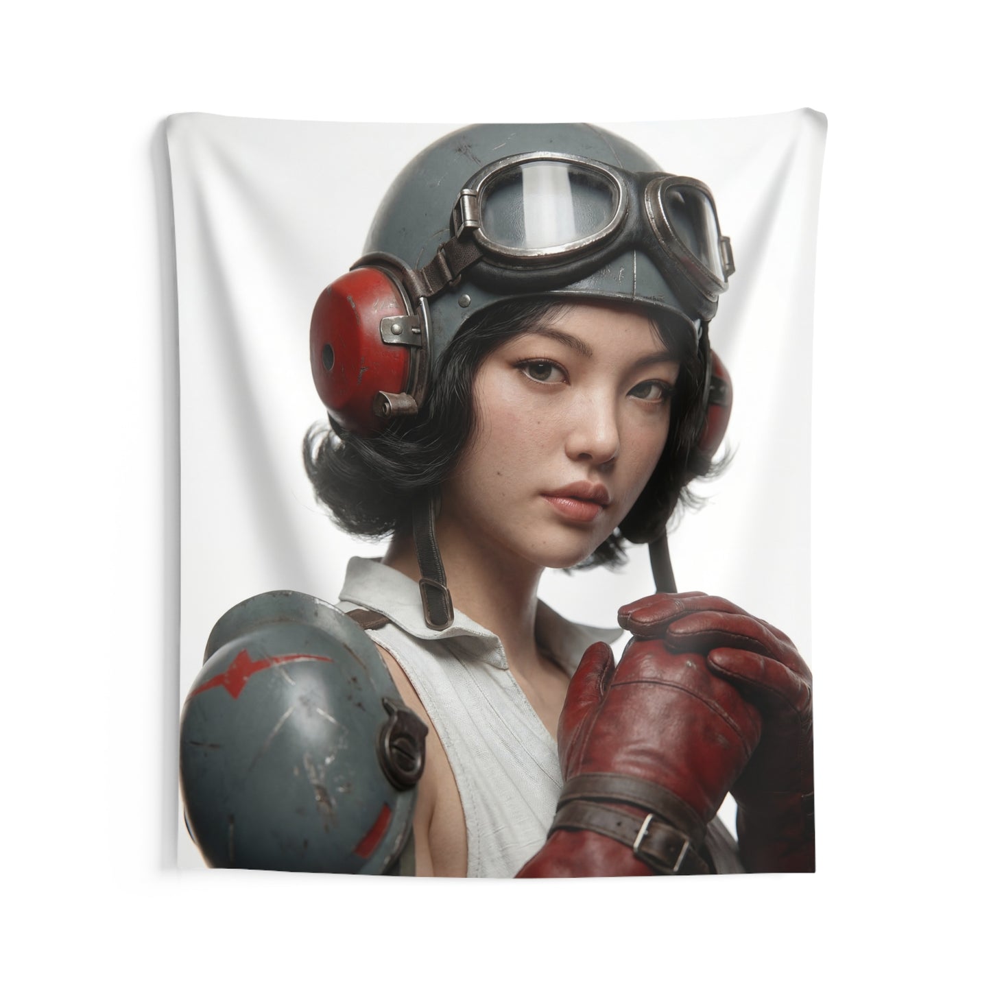 Vintage Pilot Portrait Indoor Wall Tapestries – Steel Goggles & Crimson Gloves