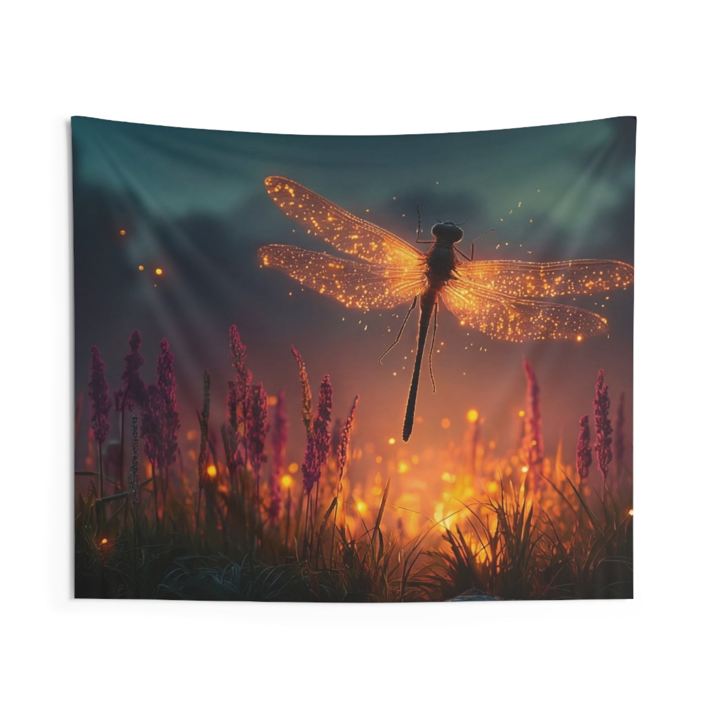Glowing Dragonfly Indoor Wall Tapestries – Twilight Firefly Serenade