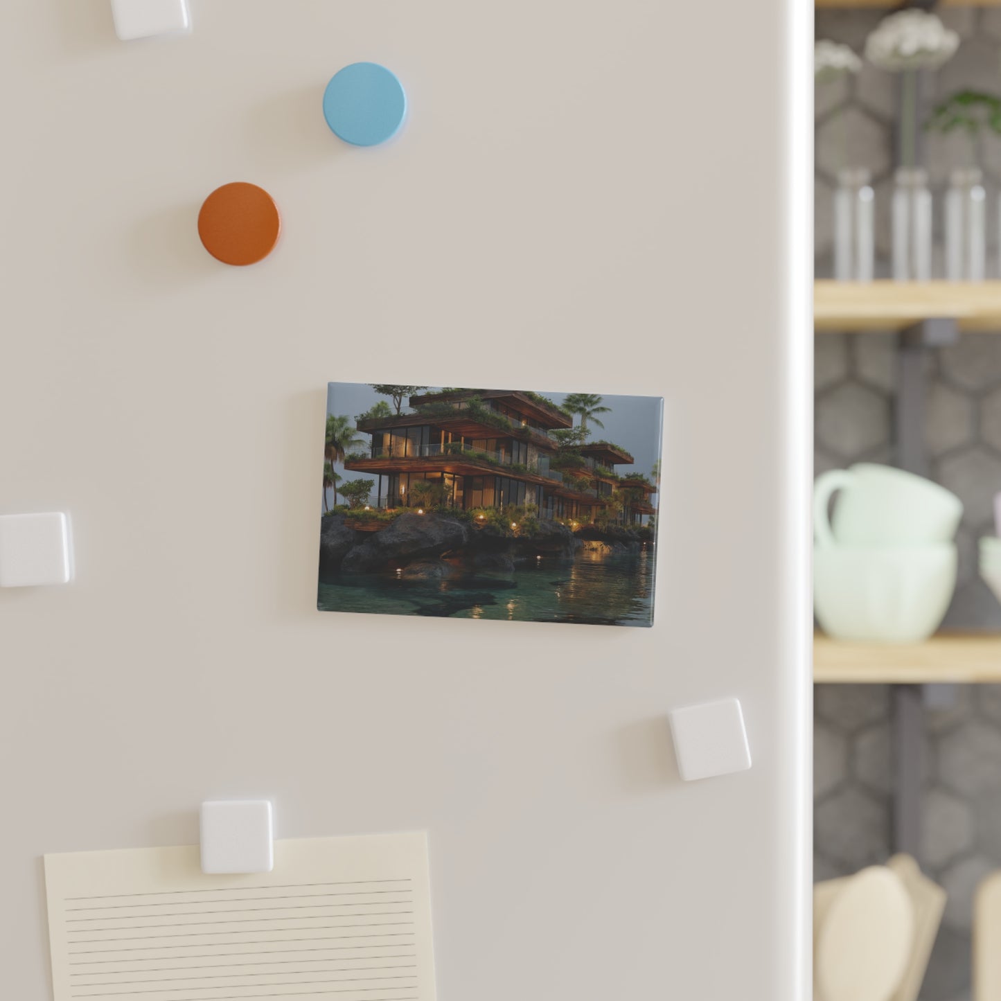 Oceanfront Eco-Resort Button Magnet, Rectangle (1 & 10 pcs) – Where Architecture Meets the Whispering Tide