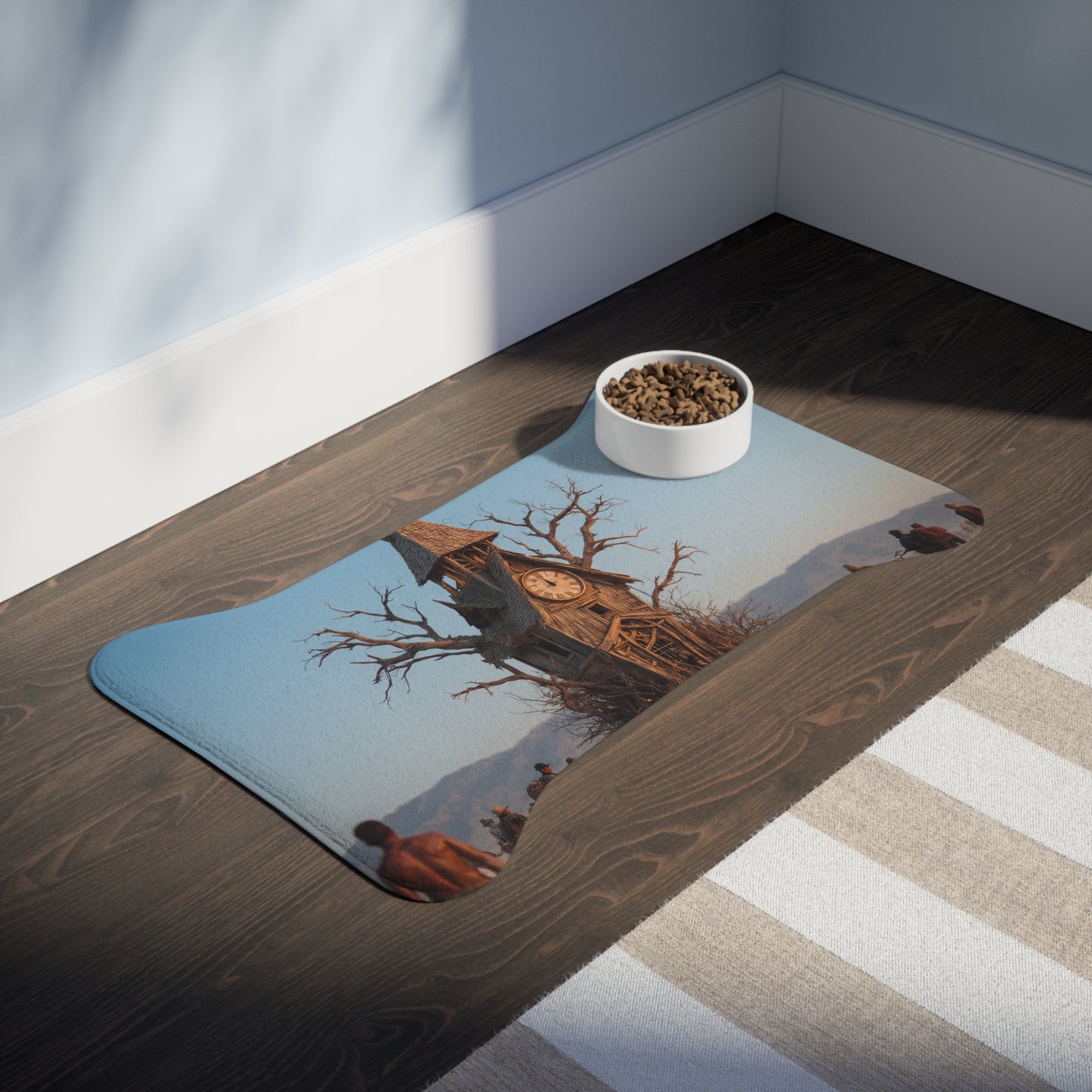 Driftwood Clock Tower Pet Feeding Mats – Post-Apocalyptic Travellers Scene