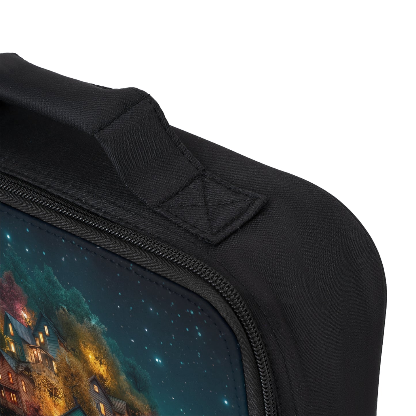 Starlit Hillside Cottage Lunch Bag – Warm Lights in the Twilight Woods