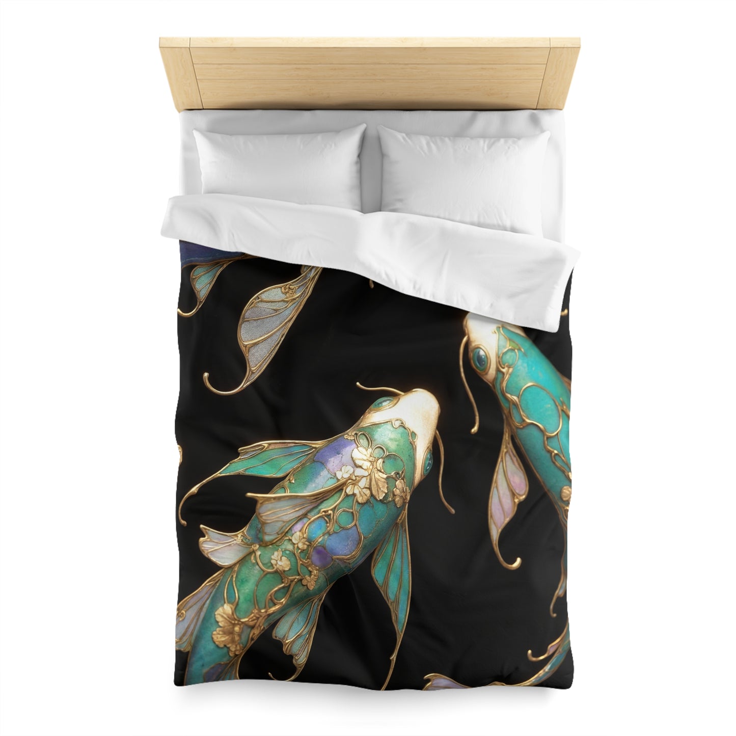 Art Nouveau Koi Microfiber Duvet Cover – Luminous Azure Guardians of the Deep