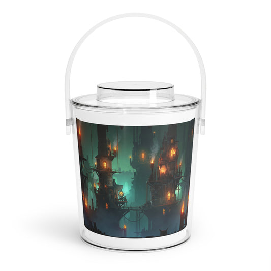Floating City at Dusk Ice Bucket with Tongs – Amber Lights in Misty Skies