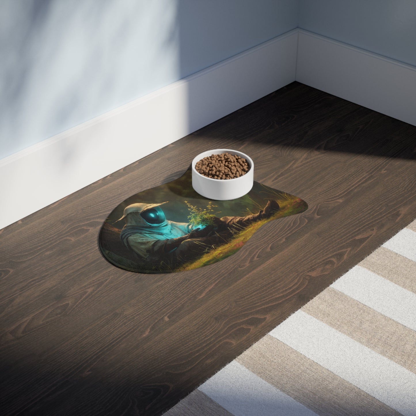 Forest Sentinel Pet Feeding Mats – Azure Glow Guardian in Mossy Grove