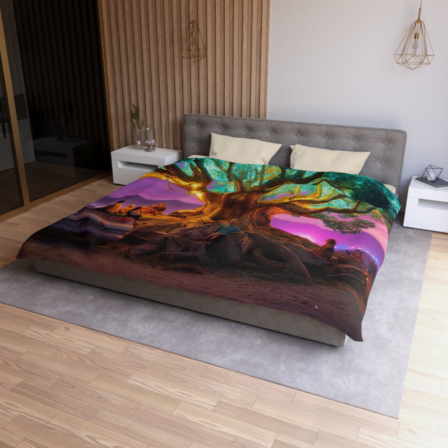 Celestial Tree Microfiber Duvet Cover – Twilight Gathering Under Neon Canopy