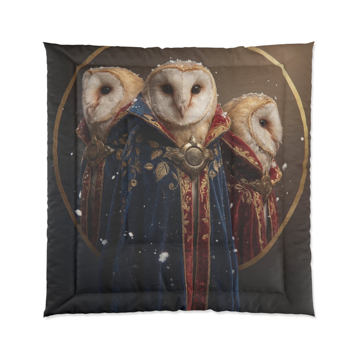Three Wise Owls Comforter – Regal Velvet Guardians in Snowfall