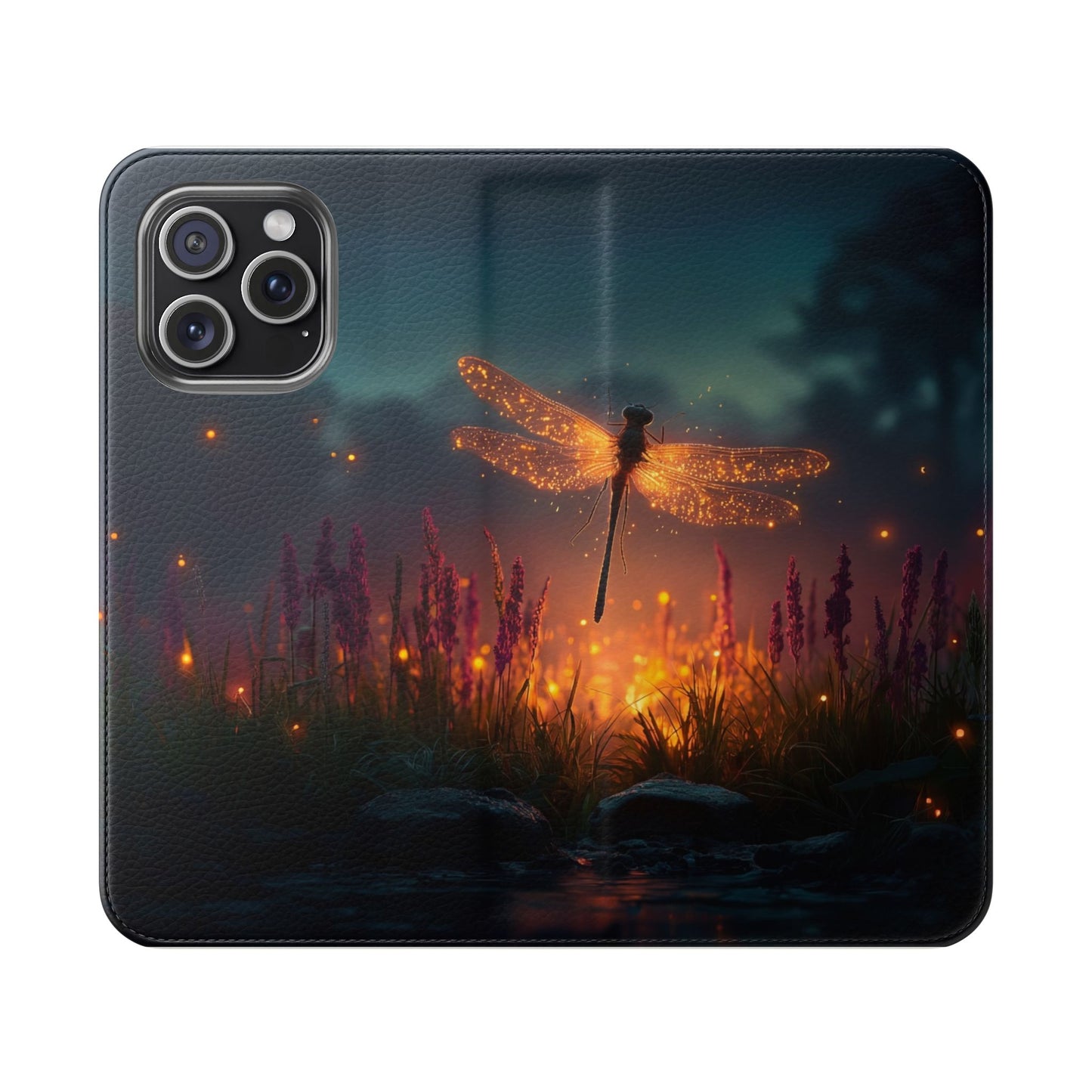 Bioluminescent Dragonfly Flip Cases – Glowing Amber Wings Over Twilight Marsh