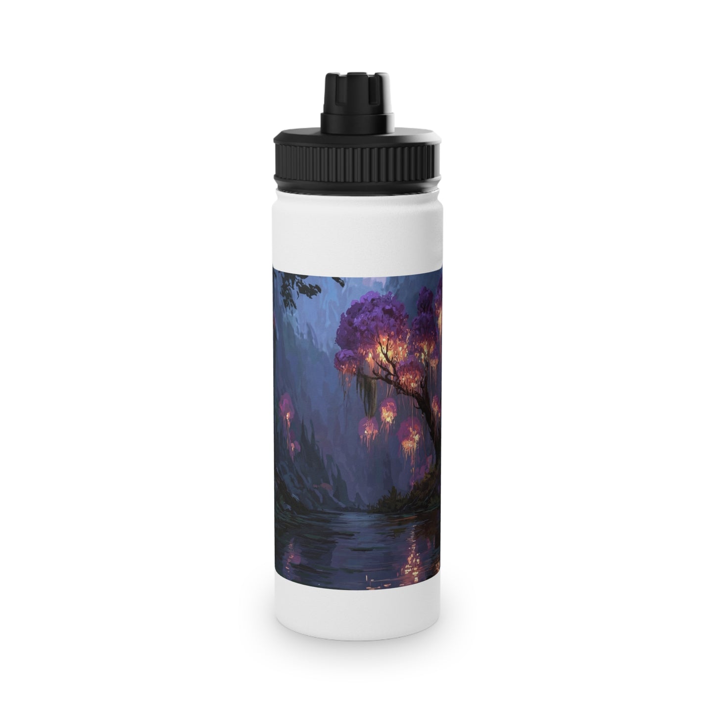 Luminous Glade Stainless Steel Water Bottle, Sports Lid – Twilight Bloom Sanctuary