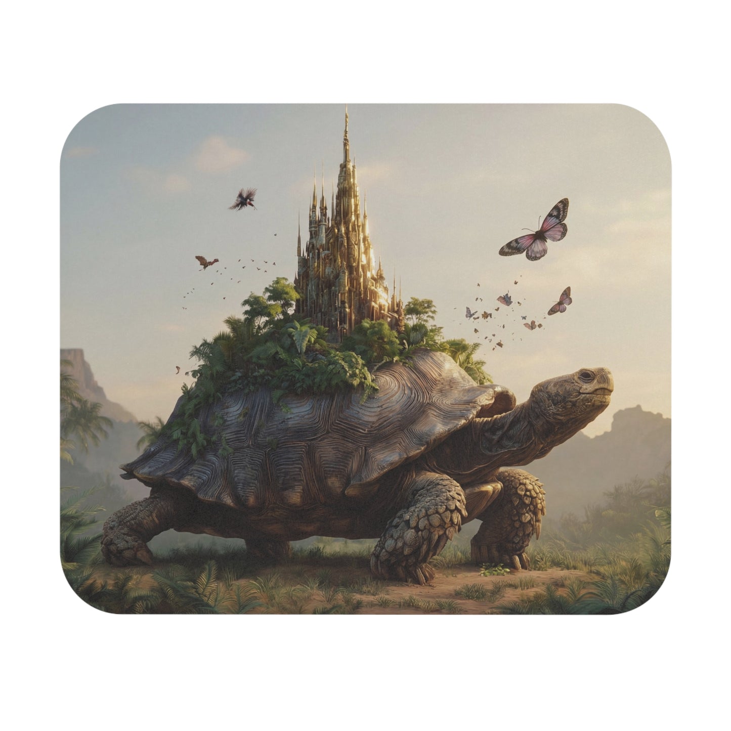 Castle on Turtle Back Mouse Pad – Sunset Sanctuary in Tropical Whimsy