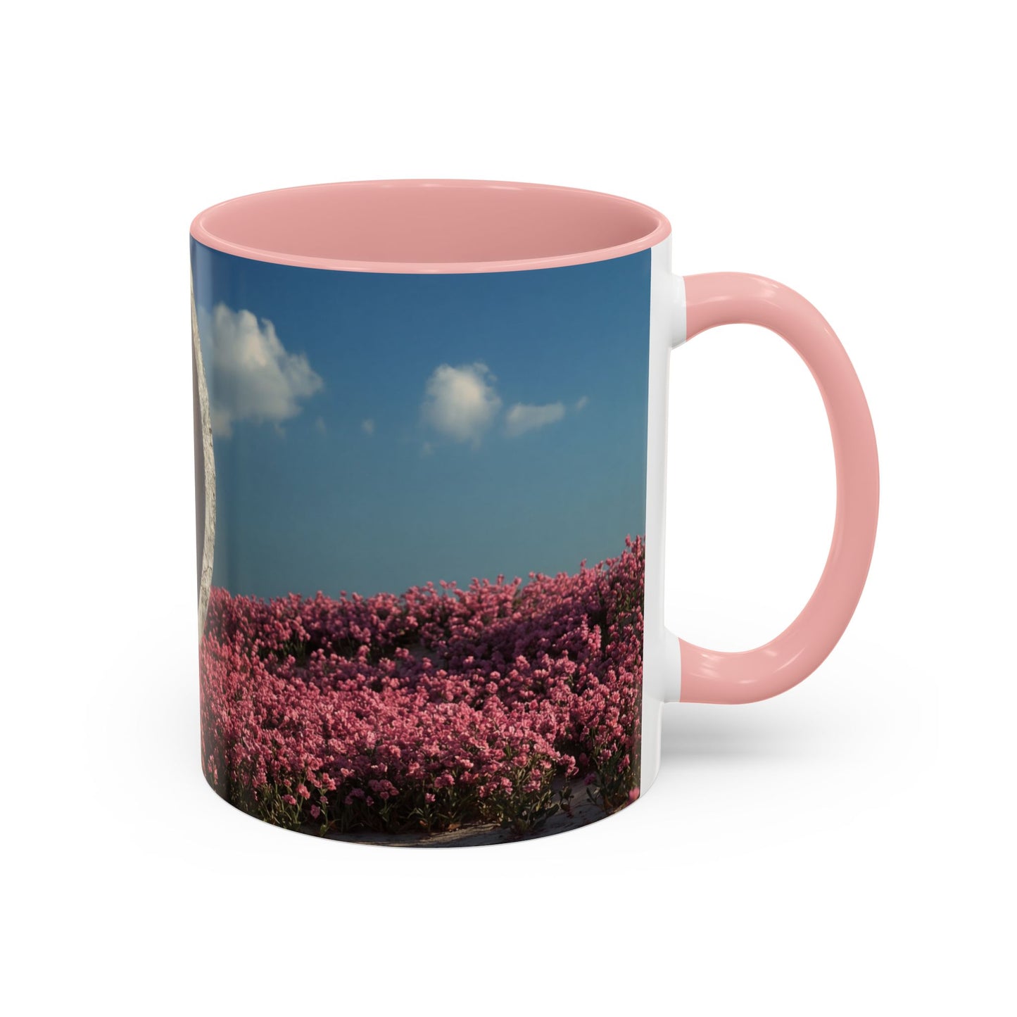 Stone Ring Garden Bloom Accent Coffee Mug – Cracked Concrete Portal in Pink Wildflowers
