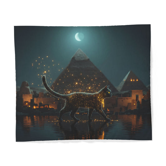 Starlit Cat Duvet Cover – Egyptian Nightscape with Glowing Feline Guardian