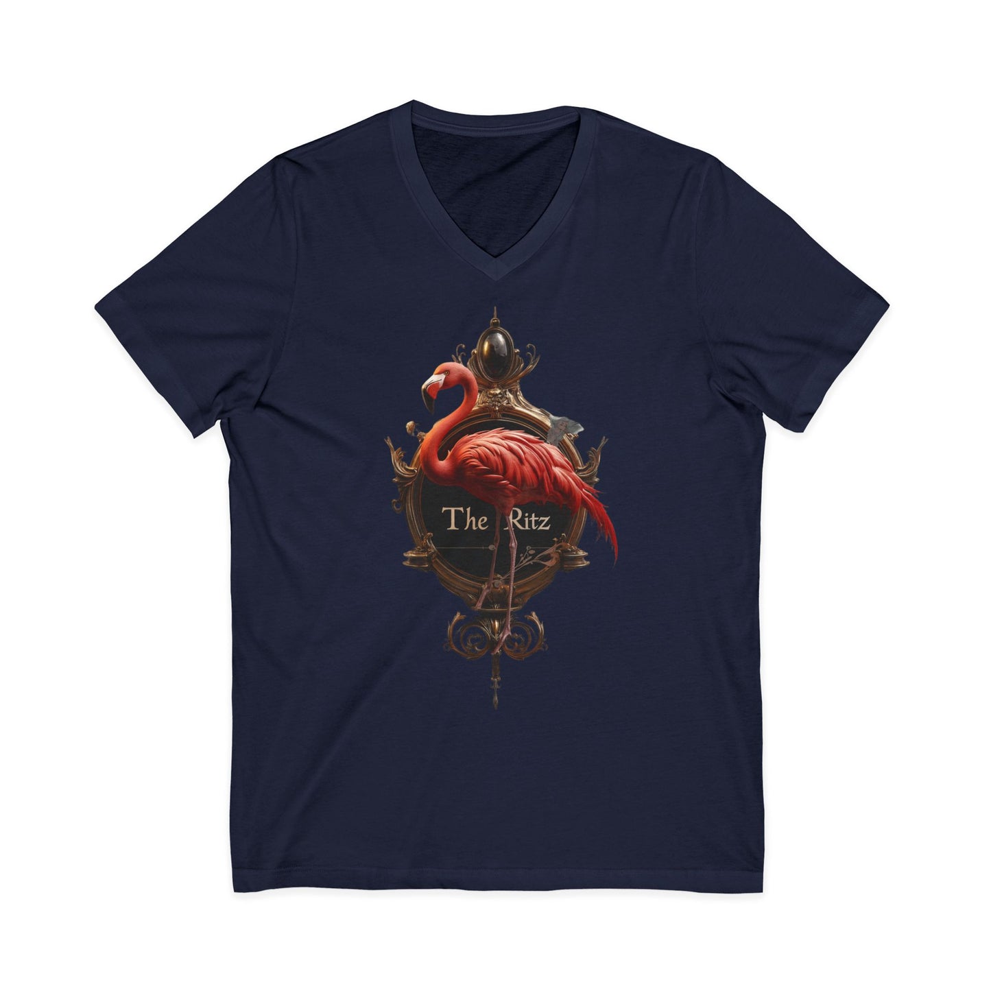 The Ritz Flamingo Sign V-Neck Tee – Gilded Ornament Graphic Print