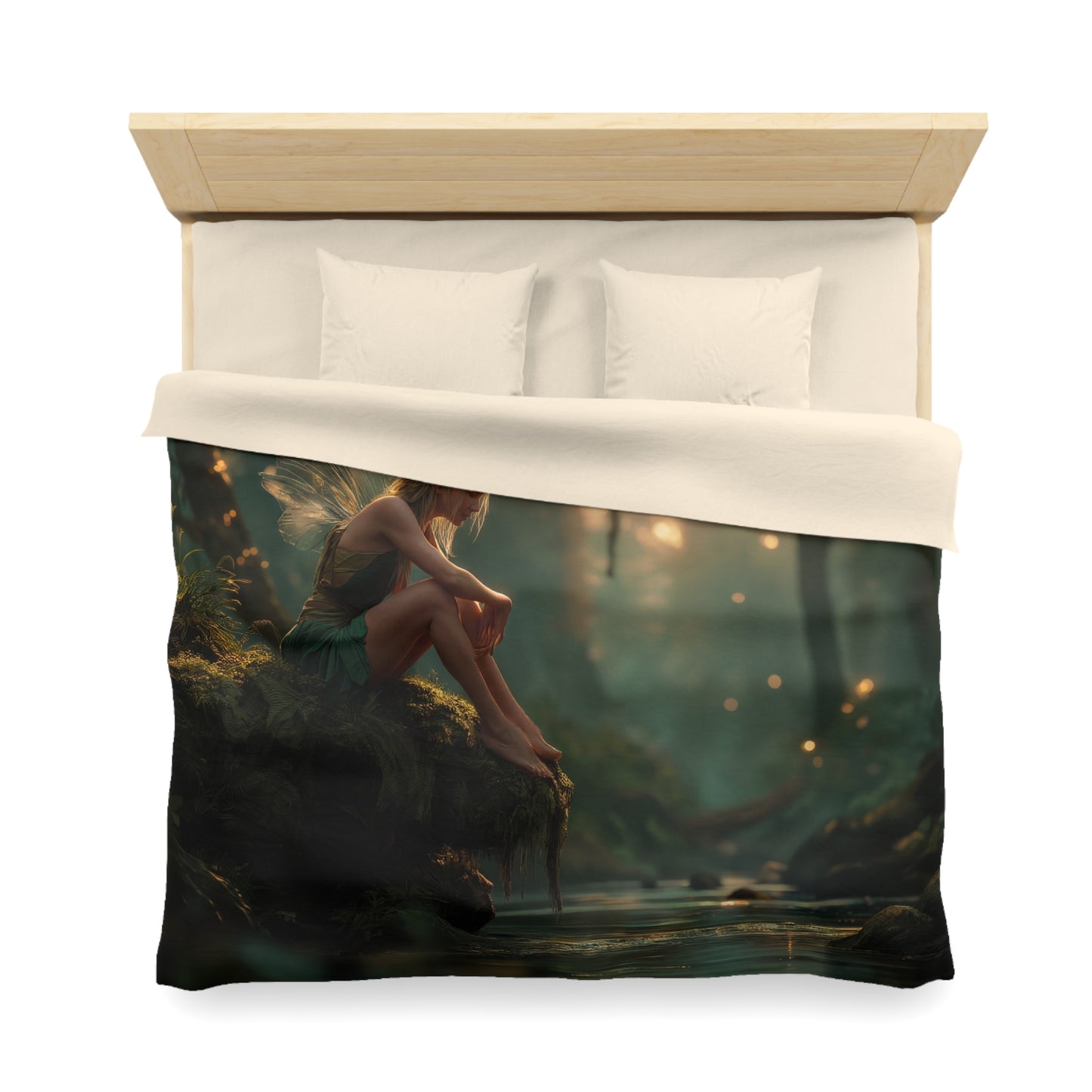Moss-Clad Fairy River Guardian Duvet Cover – Golden Hour Forest Sanctuary