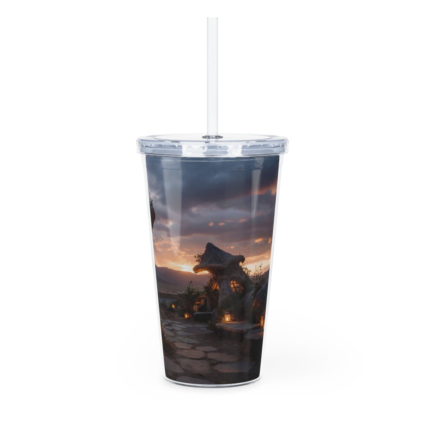 Mushroom Cottage Twilight Tumbler with Straw – Warm Glow Over Mountain Vale