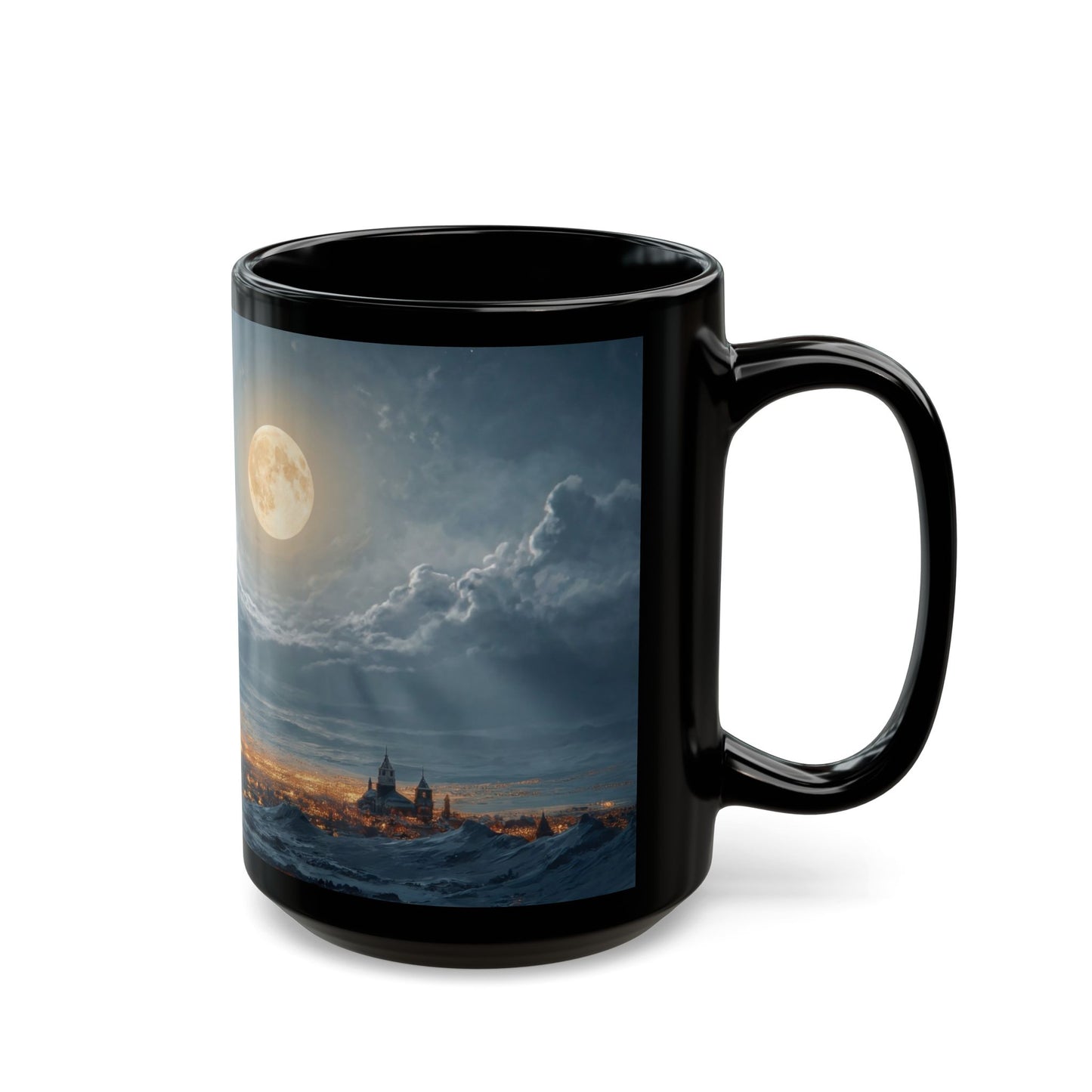 Moonlit Sleigh Ride Black Mug – Winter’s Silent Journey Over Snowy Peaks