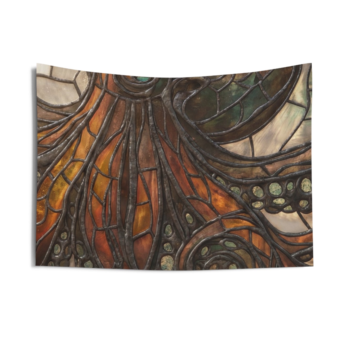 Stained Glass Octopus Wall Tapestry – Amber Tide Guardian