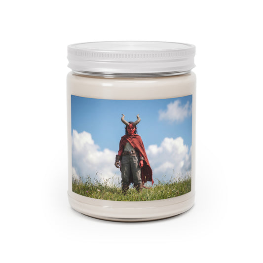 Red-Skinned Demon Warrior Scented Soy Candles with White Lid, 9oz – Standing Ground in Sunlit Grass