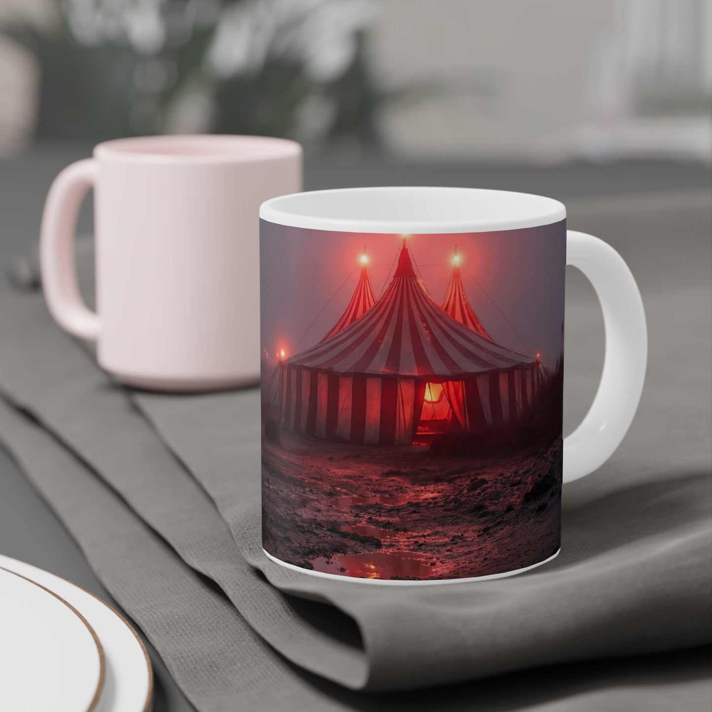 Crimson Circus Tent Ceramic Mugs (11oz\15oz\20oz) – Fogbound Wonder at Dusk