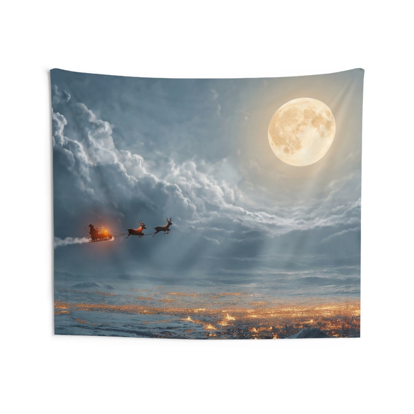 Moonlit Sleigh Ride Indoor Wall Tapestries – Winter’s Silent Journey Over Snow-Covered Town