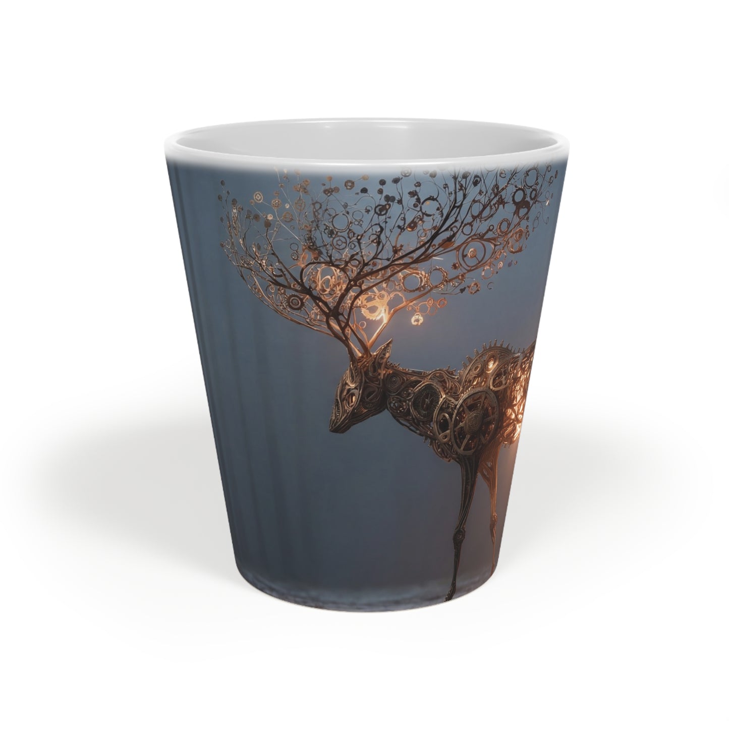 Steampunk Stag Latte Mug – Gilded Mechanism in the Mist