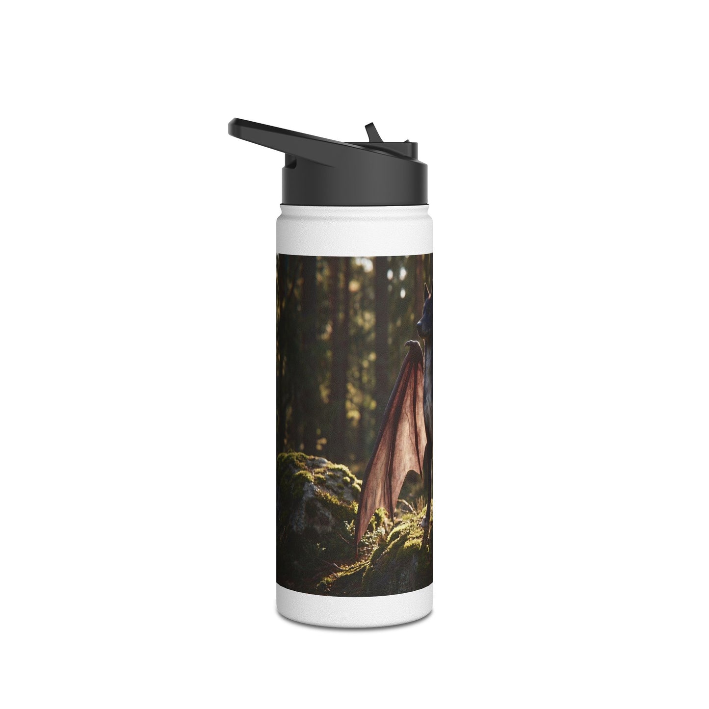 Winged Wolf in Sunlit Grove Stainless Steel Water Bottle, Standard Lid – Guardian of the Mossy Pines