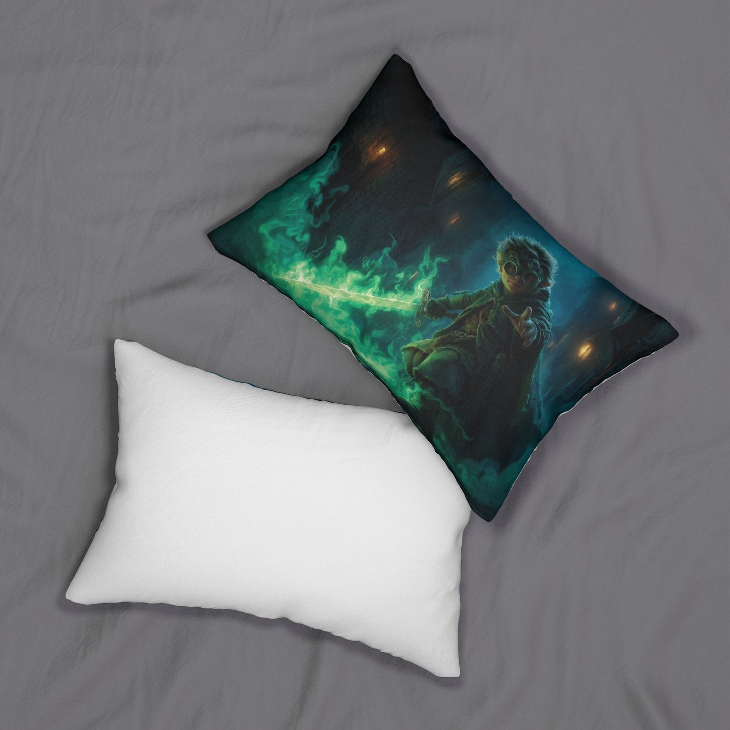 Green-Eyed Apprentice Lumbar Pillow – Midnight Alley Sword Glow