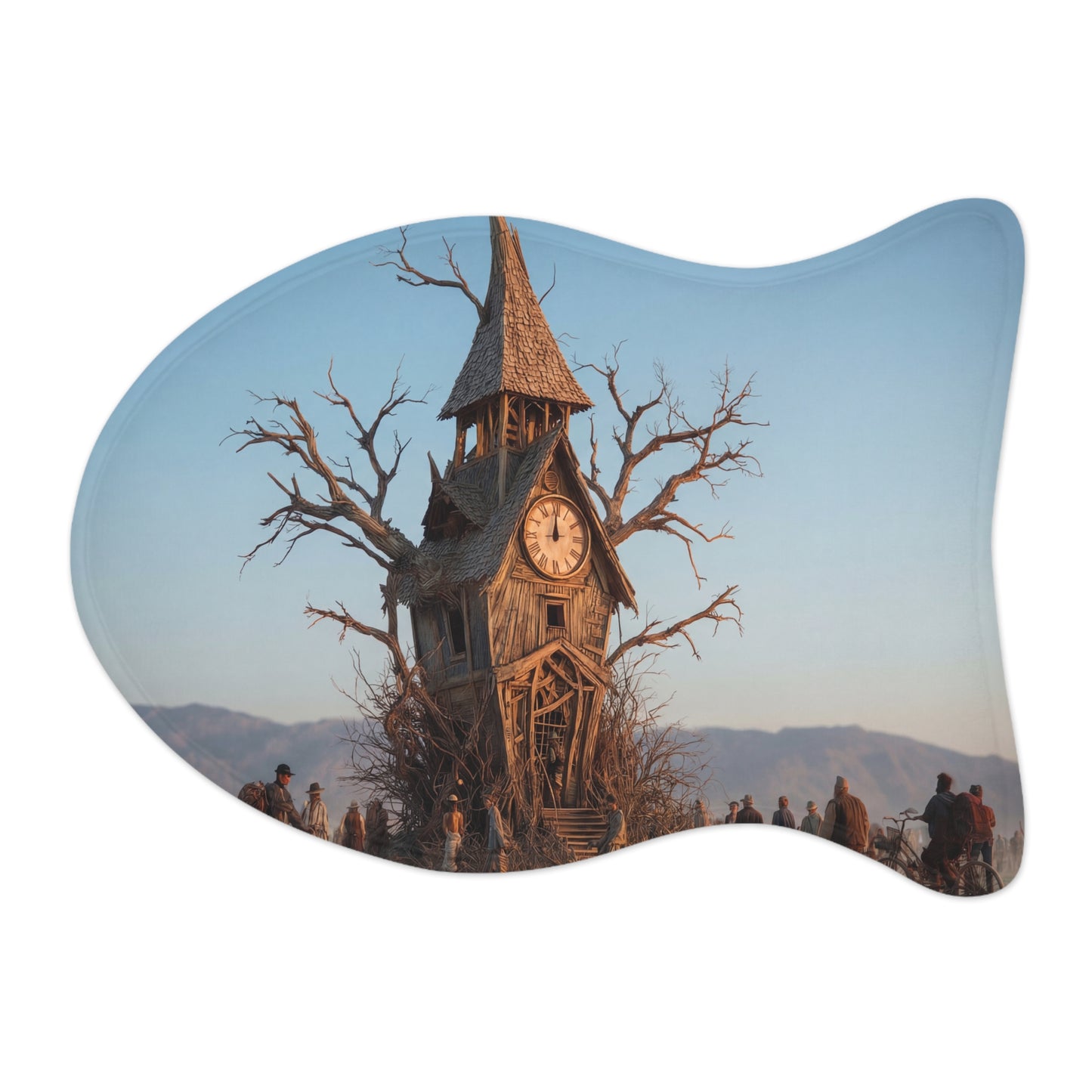 Driftwood Clock Tower Pet Feeding Mats – Post-Apocalyptic Travellers Scene