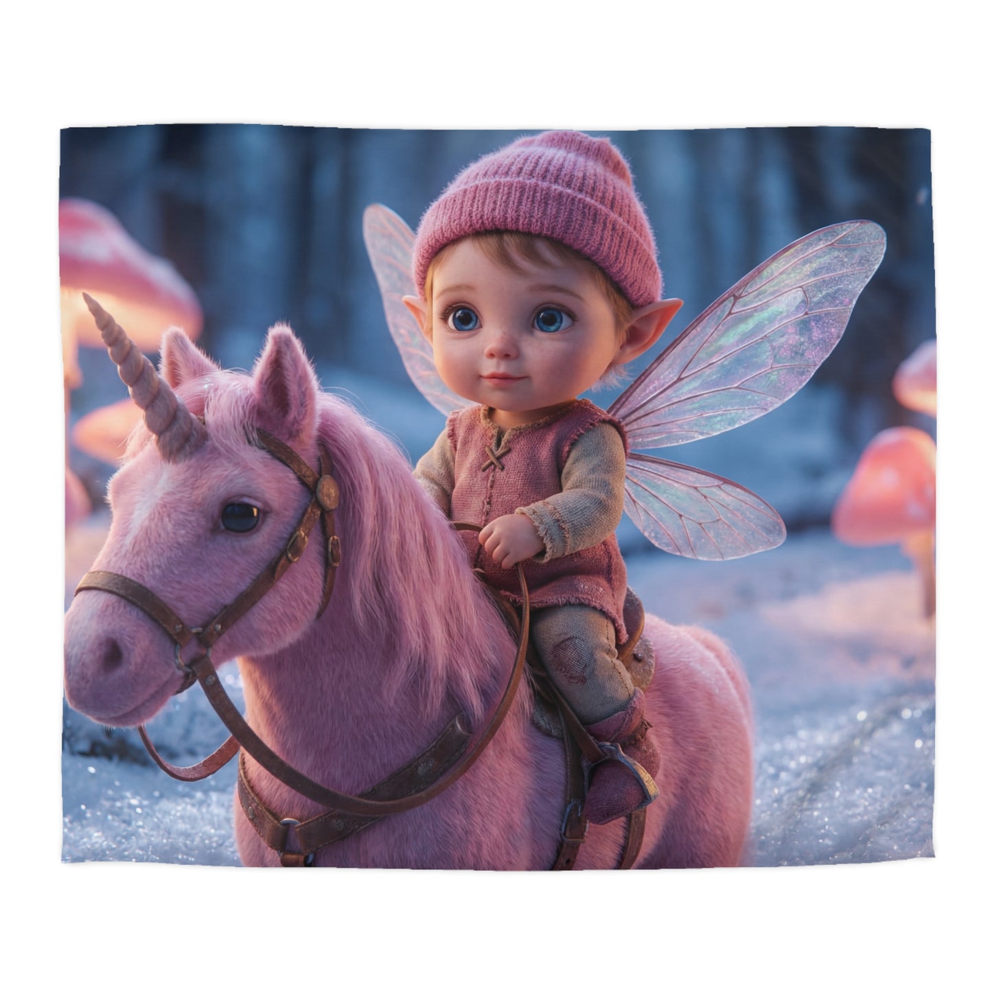 Winged Elf Riding Pink Unicorn Duvet Cover – Winter Mushroom Grove Dreamscape