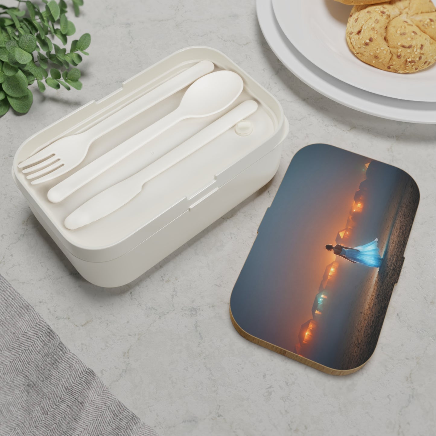Twilight Beach Wanderer Bento Lunch Box – Luminescent Dress & Distant Lights