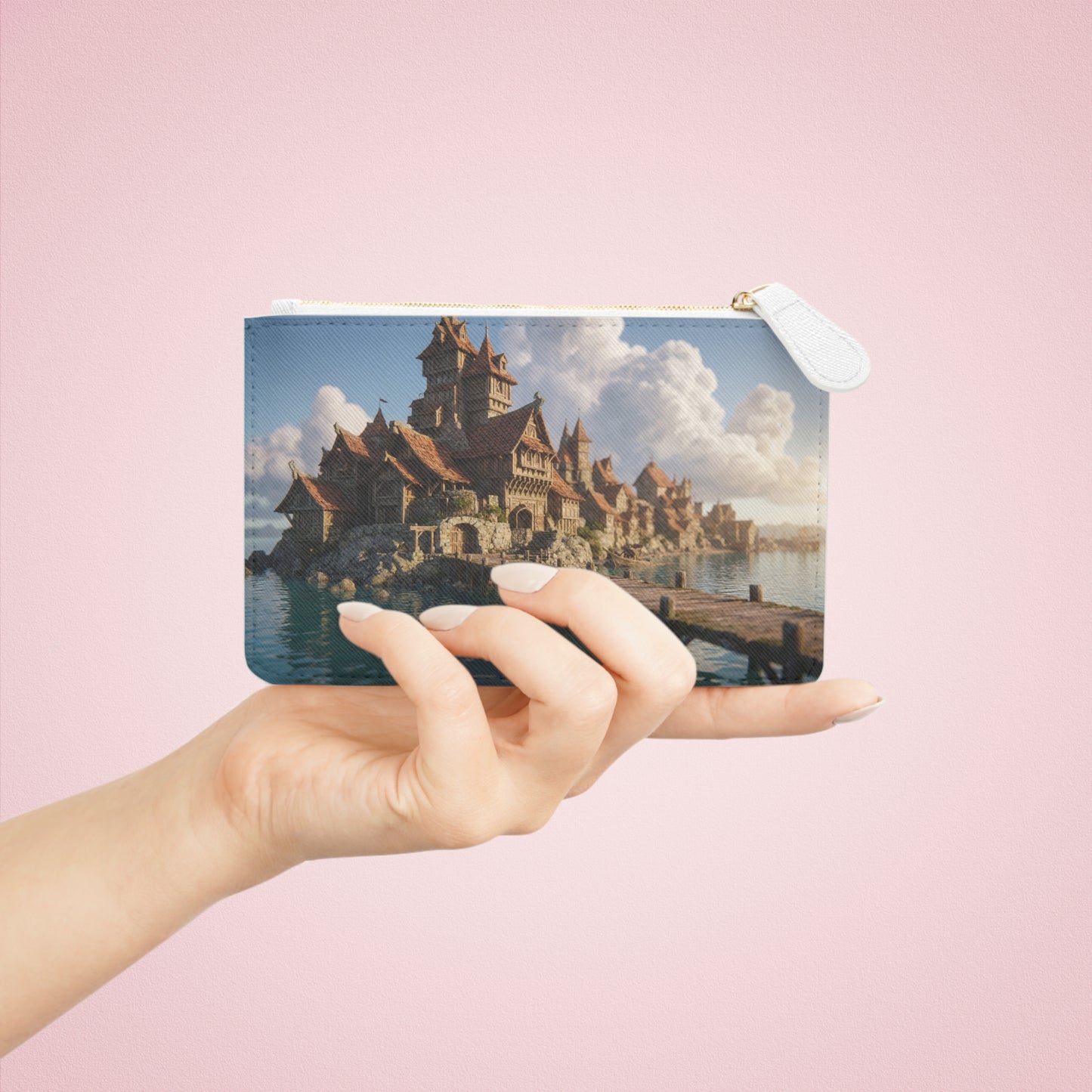 Harbor’s Whisper Mini Clutch Bag – Sunlit Coastal Village Dreamscape