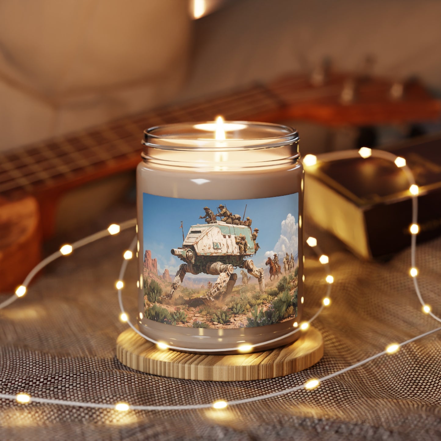 Desert Frontier Walker Candle – Rust-Scraped Mech and Cowboy Sunset