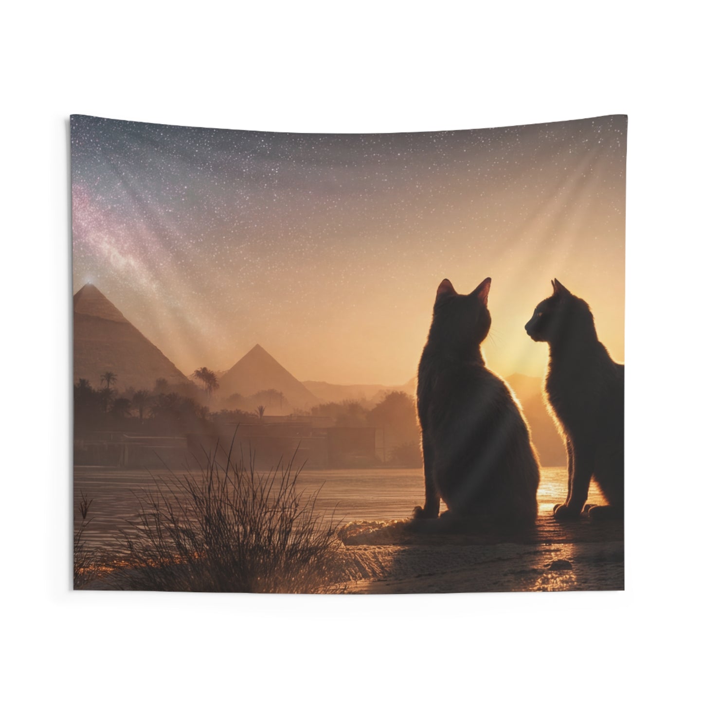Starlit Pyramids Cat Wall Tapestry – Whispers of Ancient Cosmos