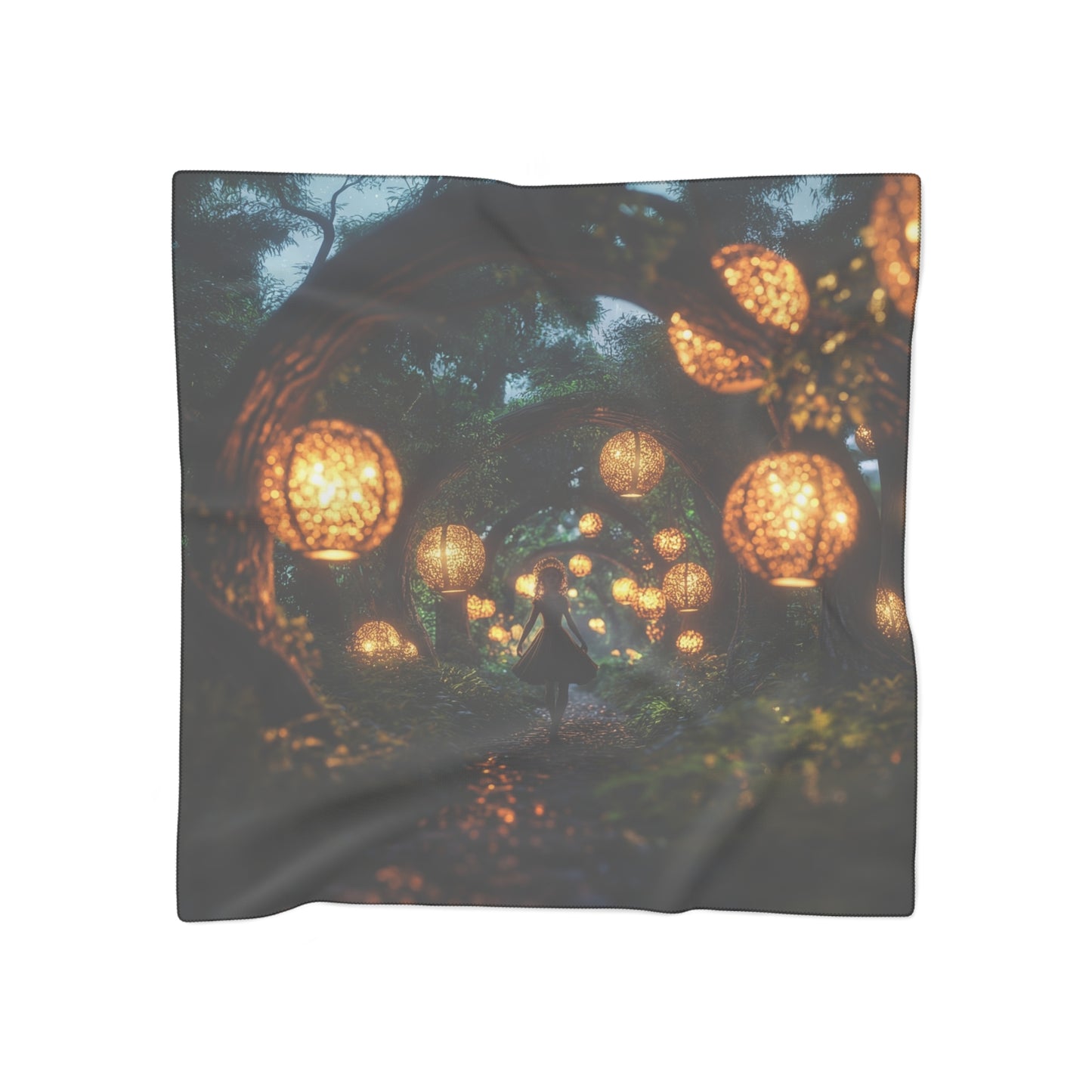 Luminous Forest Path Poly Scarf – Warm Lanterns Through Whispering Trees