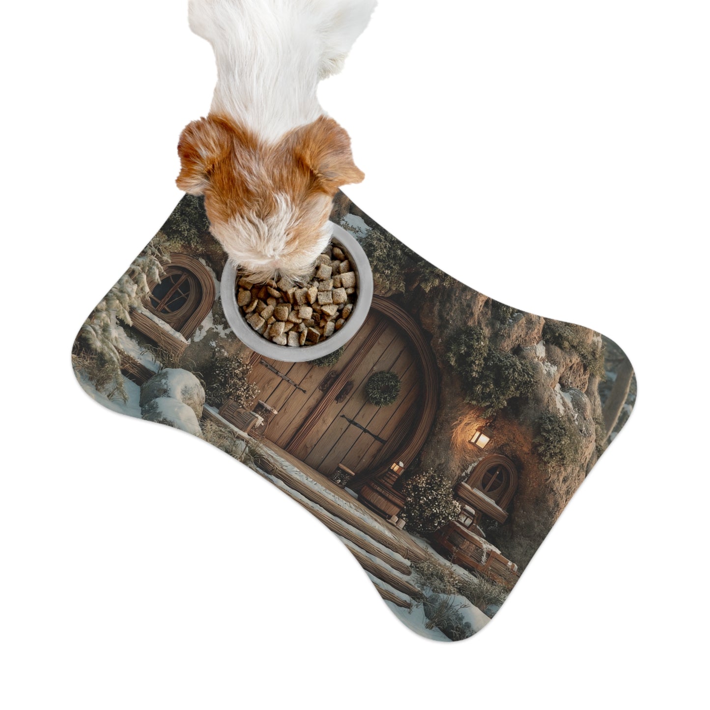 Winter Hollow Cottage Pet Feeding Mats – Snow-Dusted Hearth Welcome