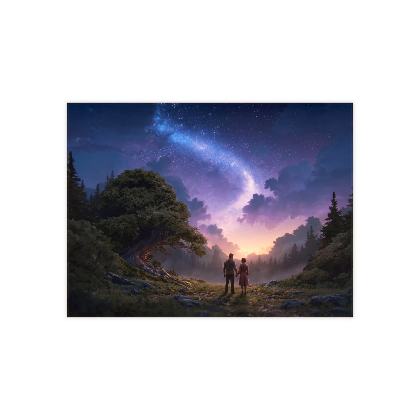 Starlit Lovers Ceramic Photo Tile – Whispering Forest Under the Milky Way