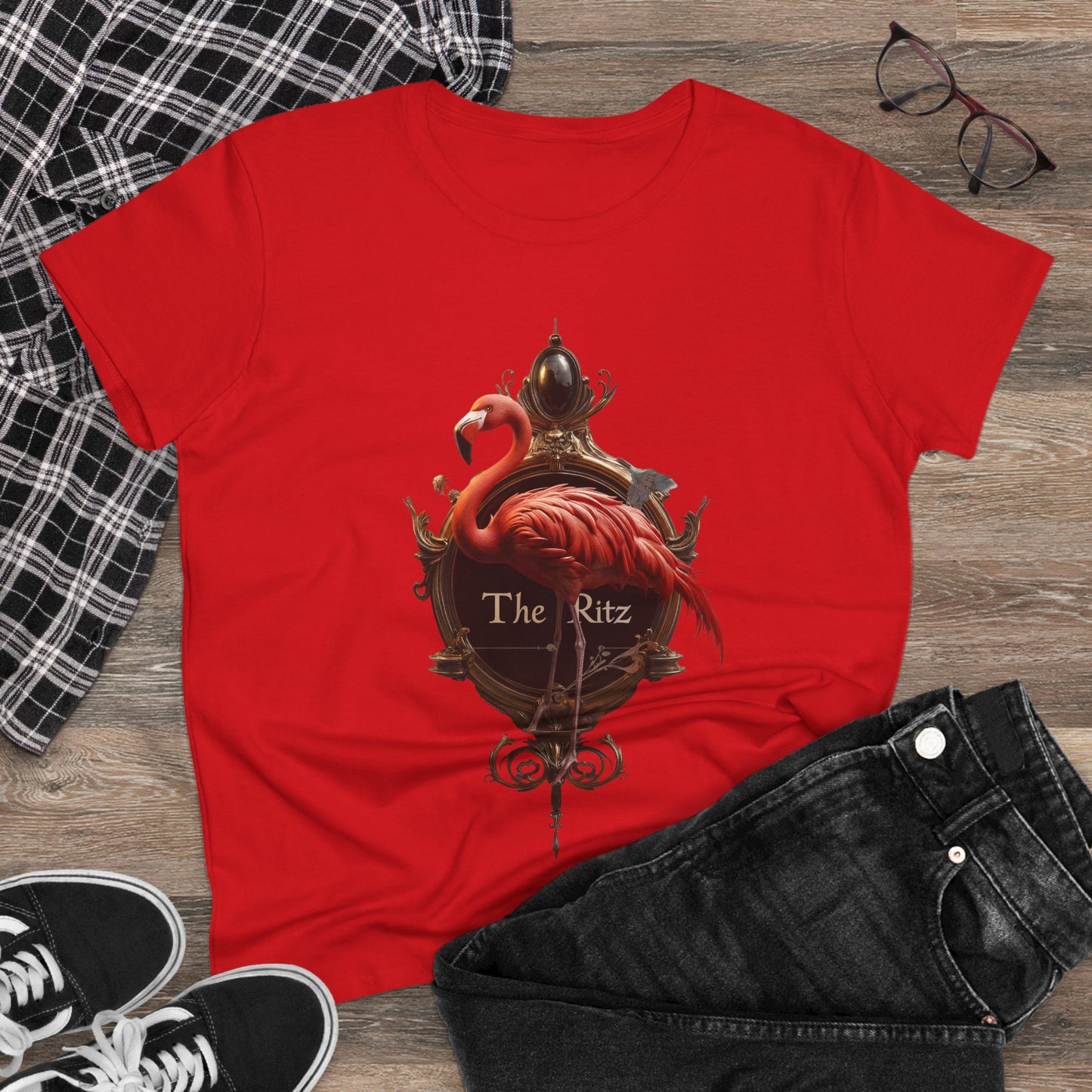 Scarlet Flamingo Ornate Clock Tee – The Ritz Midnight Sentinel Women's Midweight Cotton Tee
