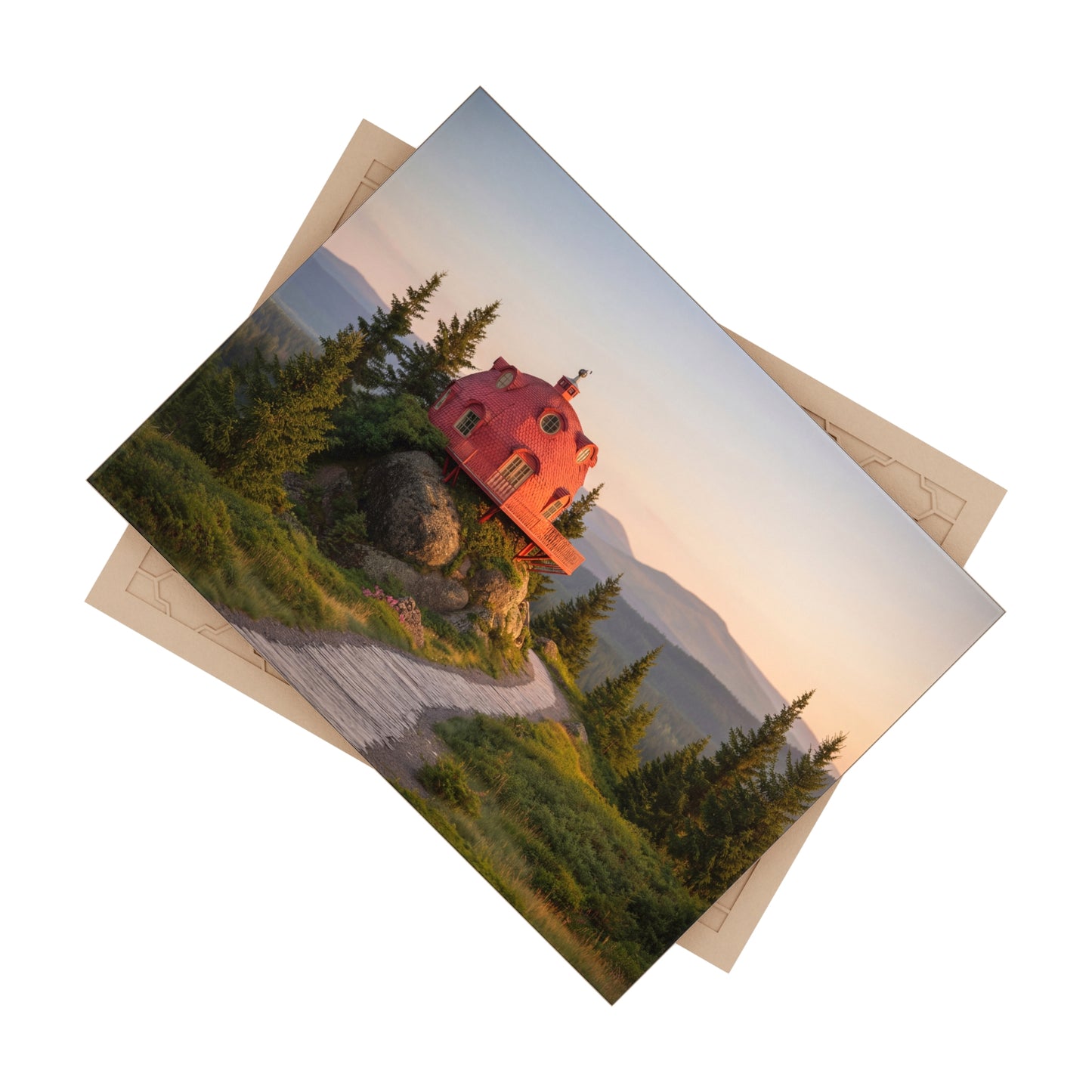 Red Dome Cottage Ceramic Photo Tile – Sunset Sanctuary on the Ridge