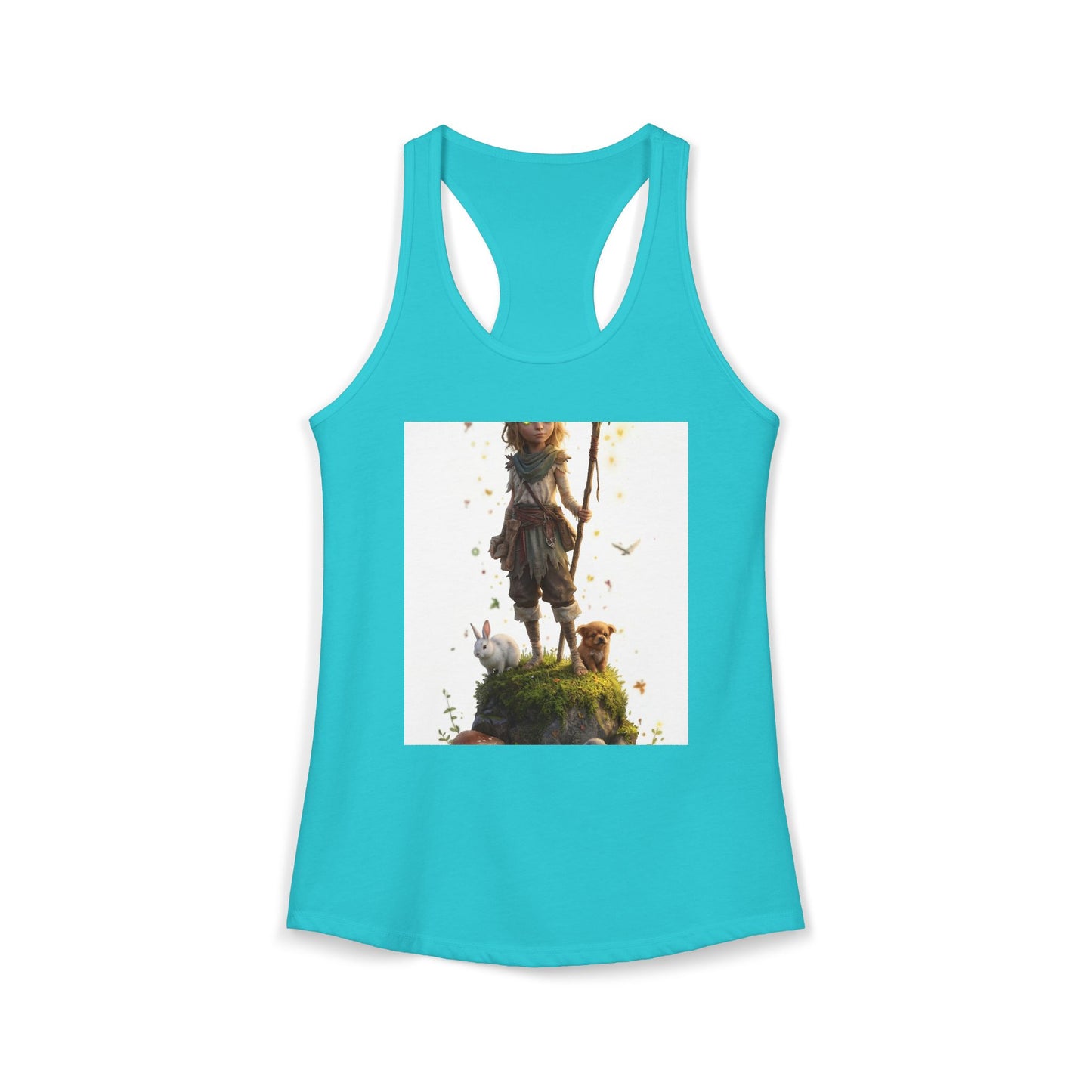 Forest Guardian Racerback Tank – Mossy Rock Sentinel with Rabbit Companions